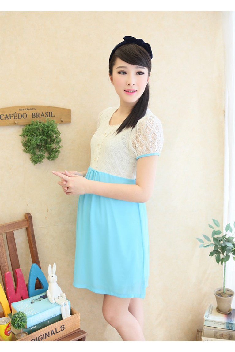 Short Sleeved Lace Top And Chiffon Skirt  Maternity Dress - Blue + White
