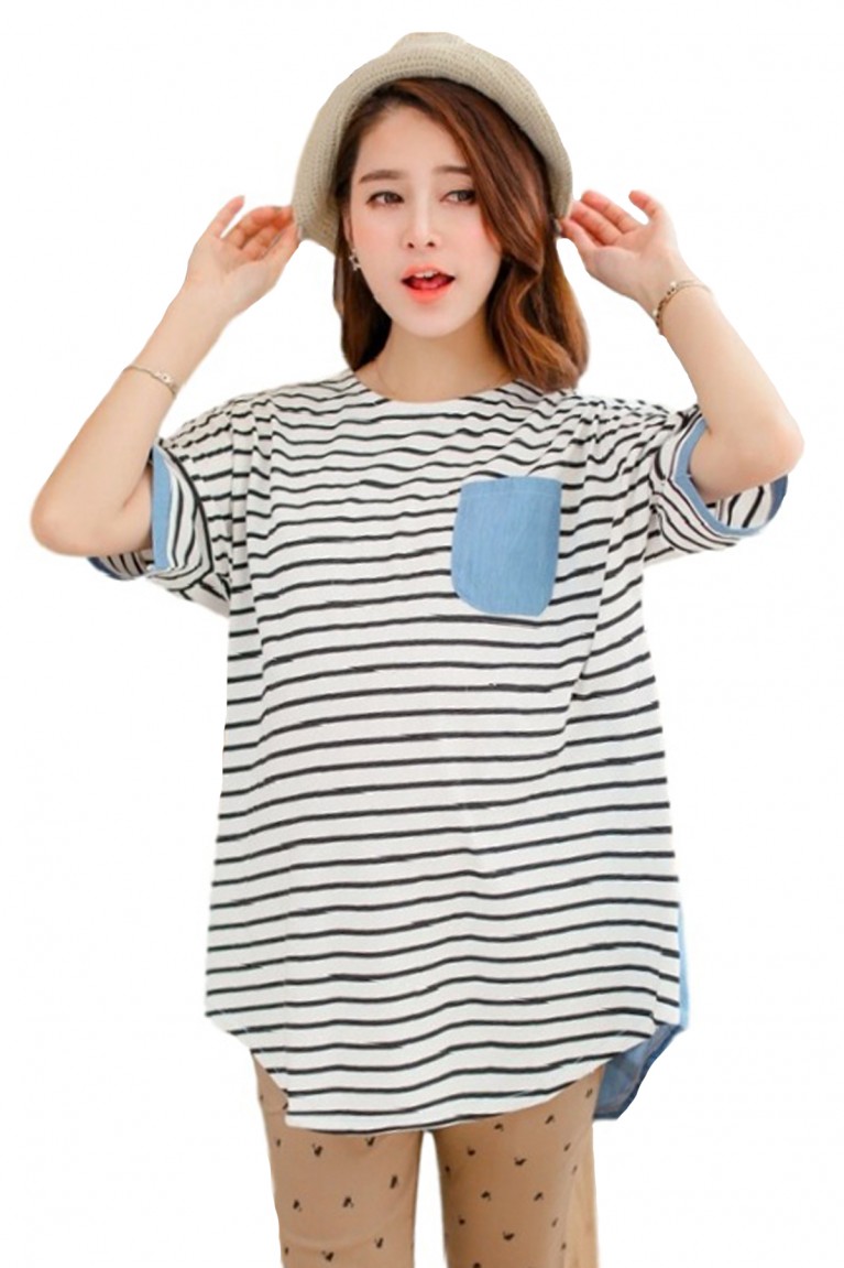 Short Sleeved Stripe Maternity  Top - White + Blue