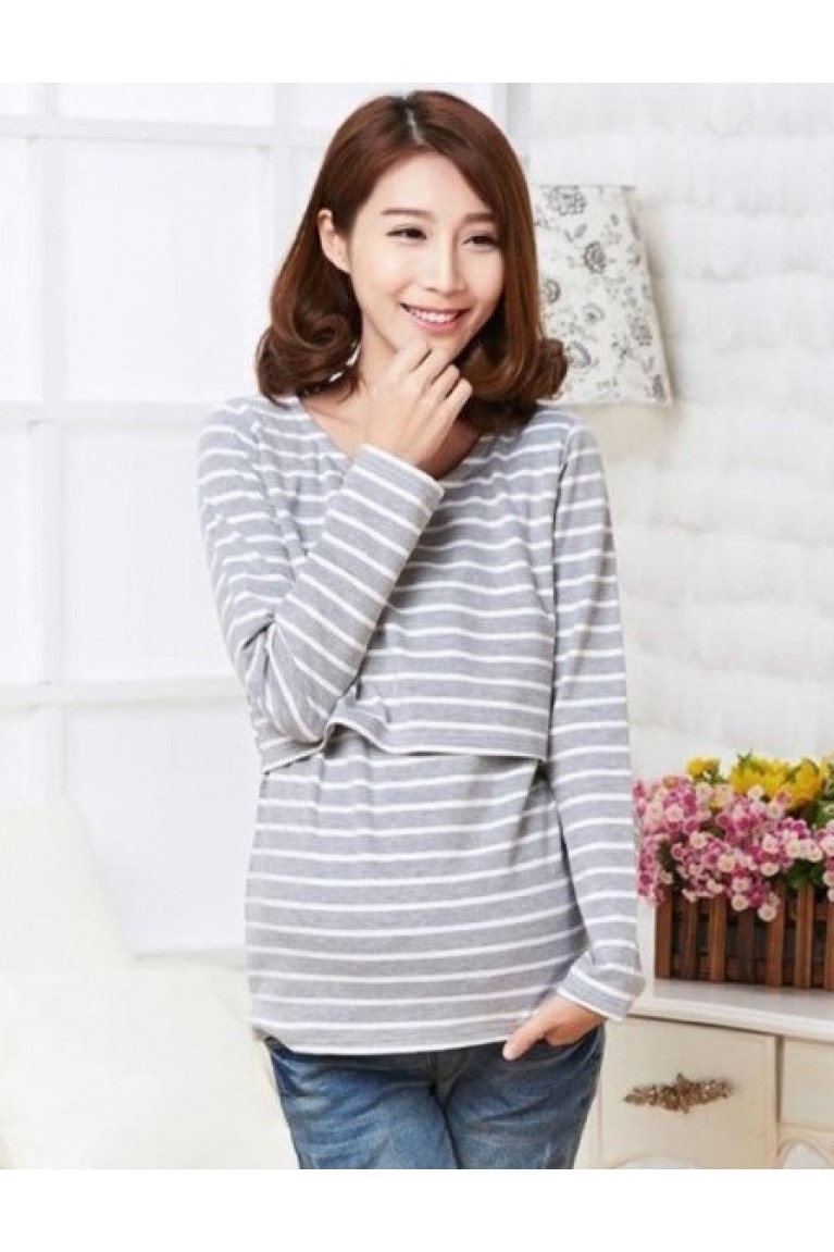 Stripe Long Sleeved Maternity + Nursing Top - Grey