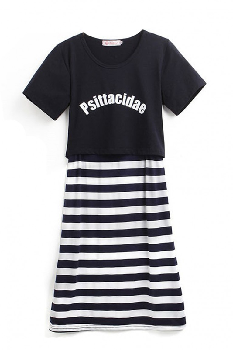 Stripe Short Sleeved Maternity + Nursing Dress - Dark Blue