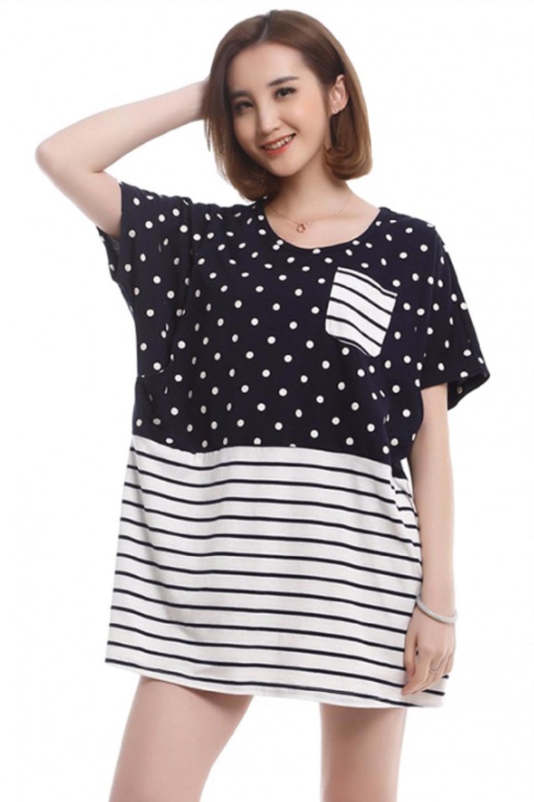 Polka-Dot and Stripe Design Maternity + Nursing Top - Grey