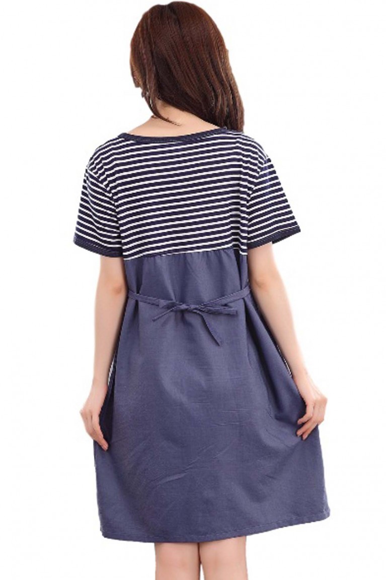 Maternity + Nursing Stripe Bust Short Sleeve Dress (Free) - Dark Blue