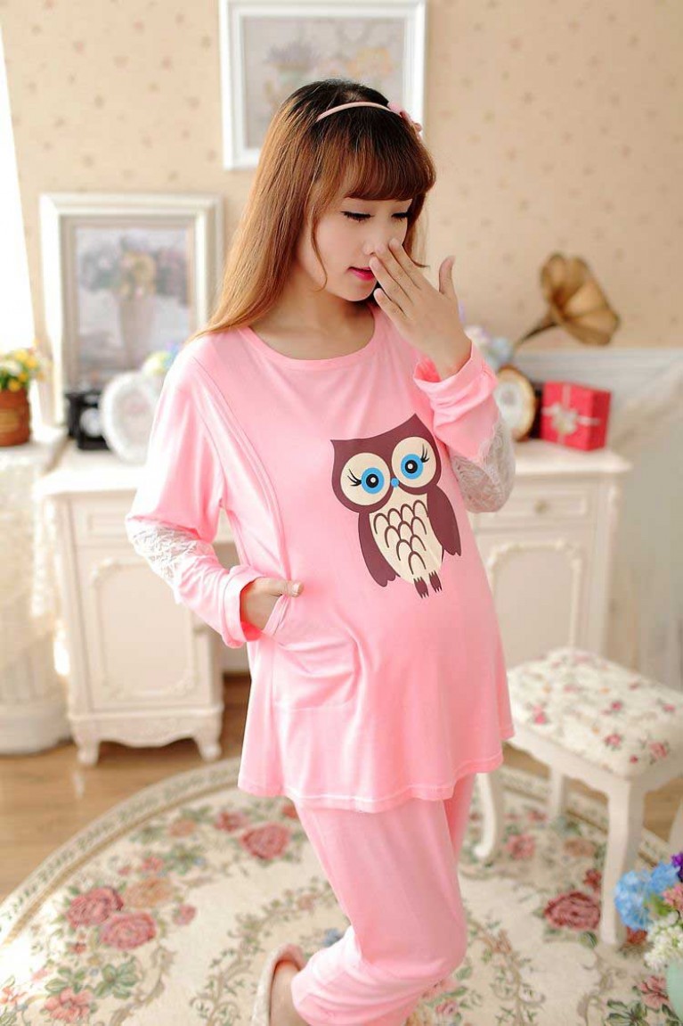 Maternity + Nursing Owl Design+Lace Confinement Set / Sleep Wear - Peach