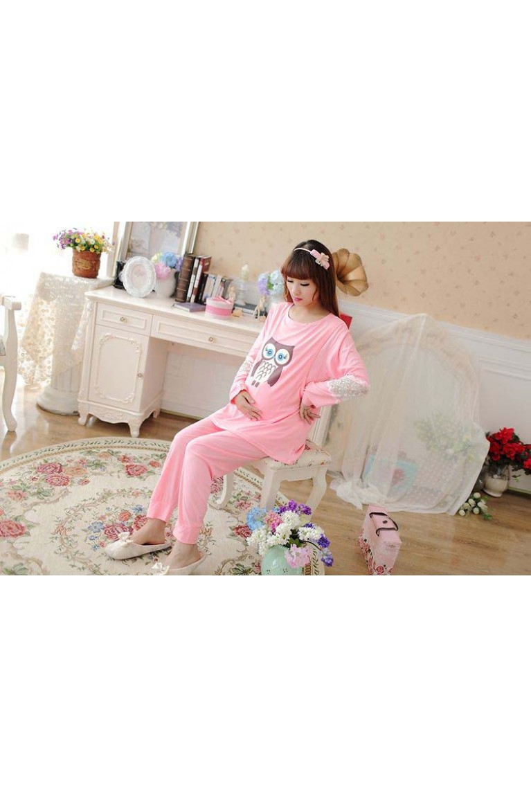 Maternity + Nursing Owl Design+Lace Confinement Set / Sleep Wear - Peach