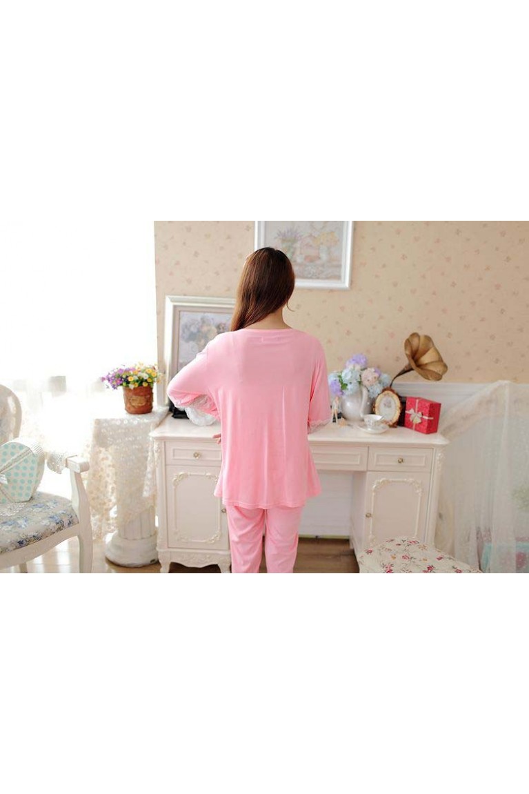Maternity + Nursing Owl Design+Lace Confinement Set / Sleep Wear - Peach