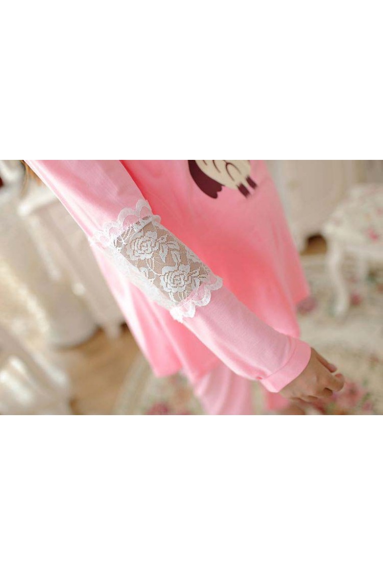 Maternity + Nursing Owl Design+Lace Confinement Set / Sleep Wear - Peach