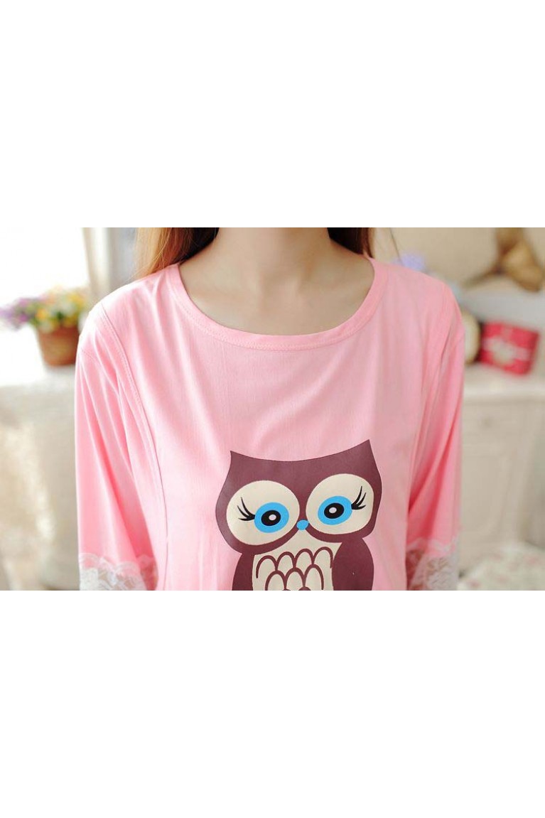 Maternity + Nursing Owl Design+Lace Confinement Set / Sleep Wear - Peach