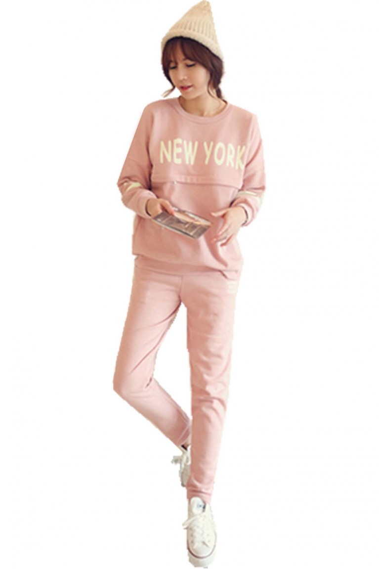 Maternity + Nursing New York Word Design Confinement Set / Sleep Wear - Pink