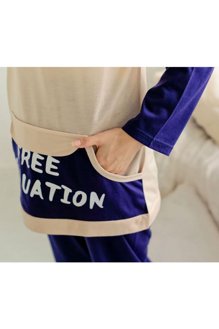 Maternity + Nursing Free Evaluation Design Confinement Set / Sleep Wear - Dark Blue + Brown