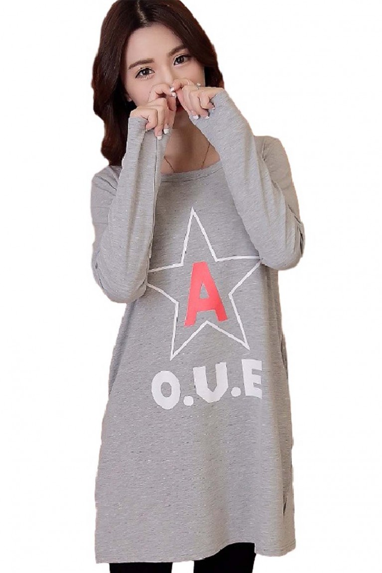Star Print Long Sleeve Round Neck Maternity Blouse ( M, L, XL, XXL ) - Grey