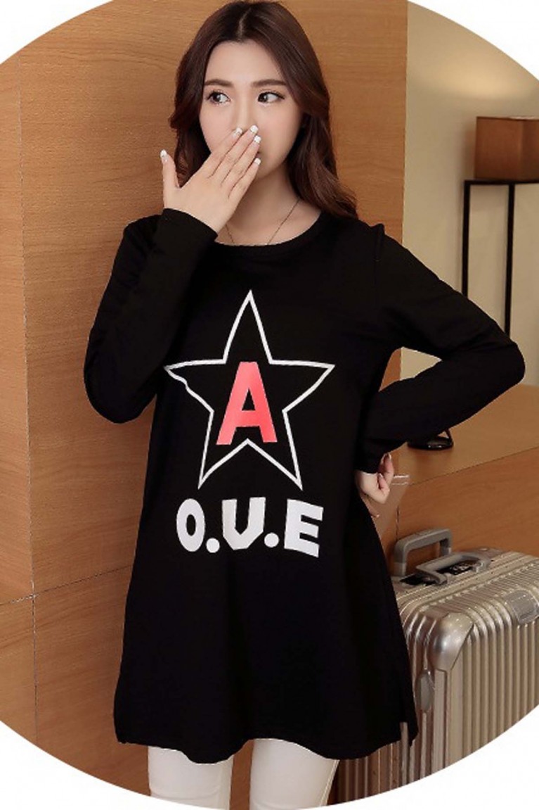 Star Print Long Sleeve Round Neck Maternity Blouse ( M, L, XL, XXL ) - Black