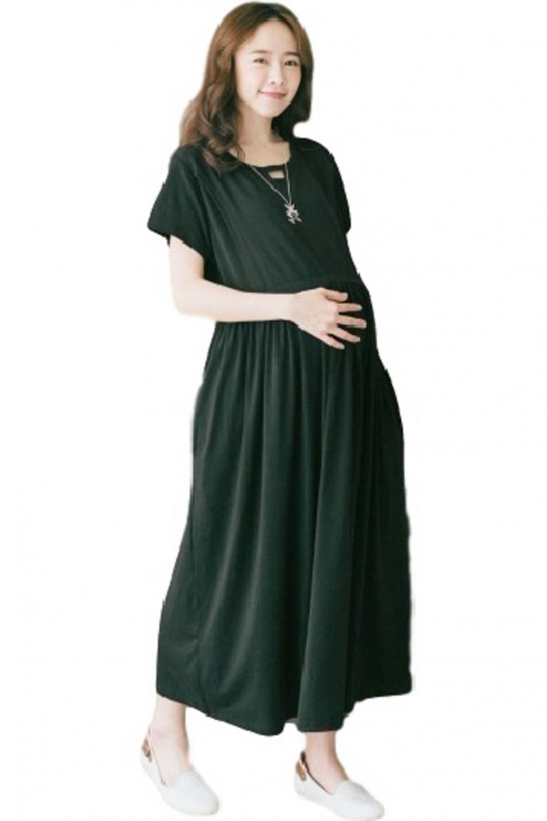 Korean Style Simple Plain Short Sleeved Maternity + Nursing Dress - Black