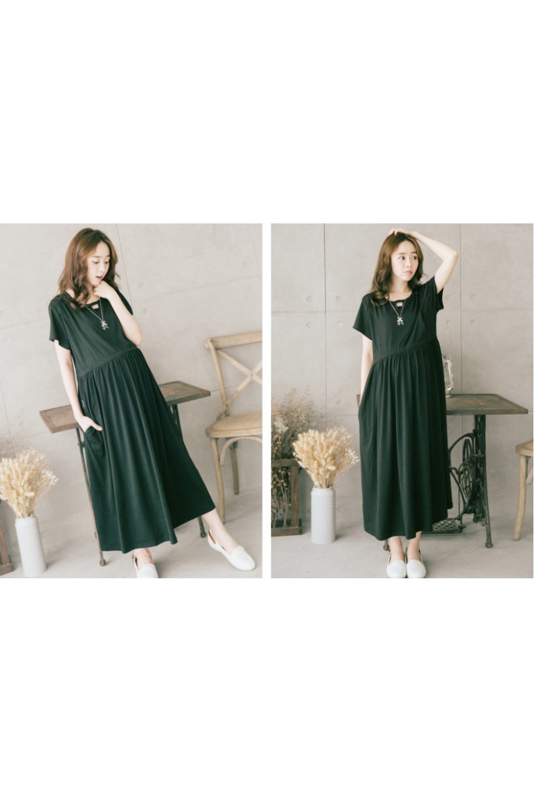 Korean Style Simple Plain Short Sleeved Maternity + Nursing Dress - Black