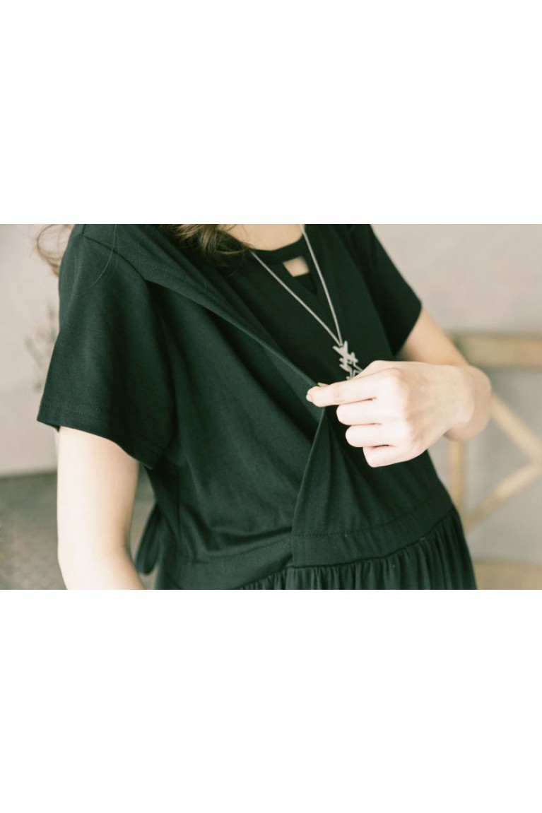 Korean Style Simple Plain Short Sleeved Maternity + Nursing Dress - Black
