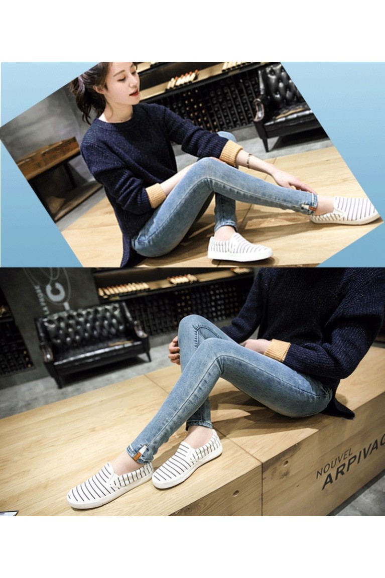 Korean Style Slim Fit PU Stripe Leg Opening Maternity Denim Long Pants Jeans ( M ) - Blue