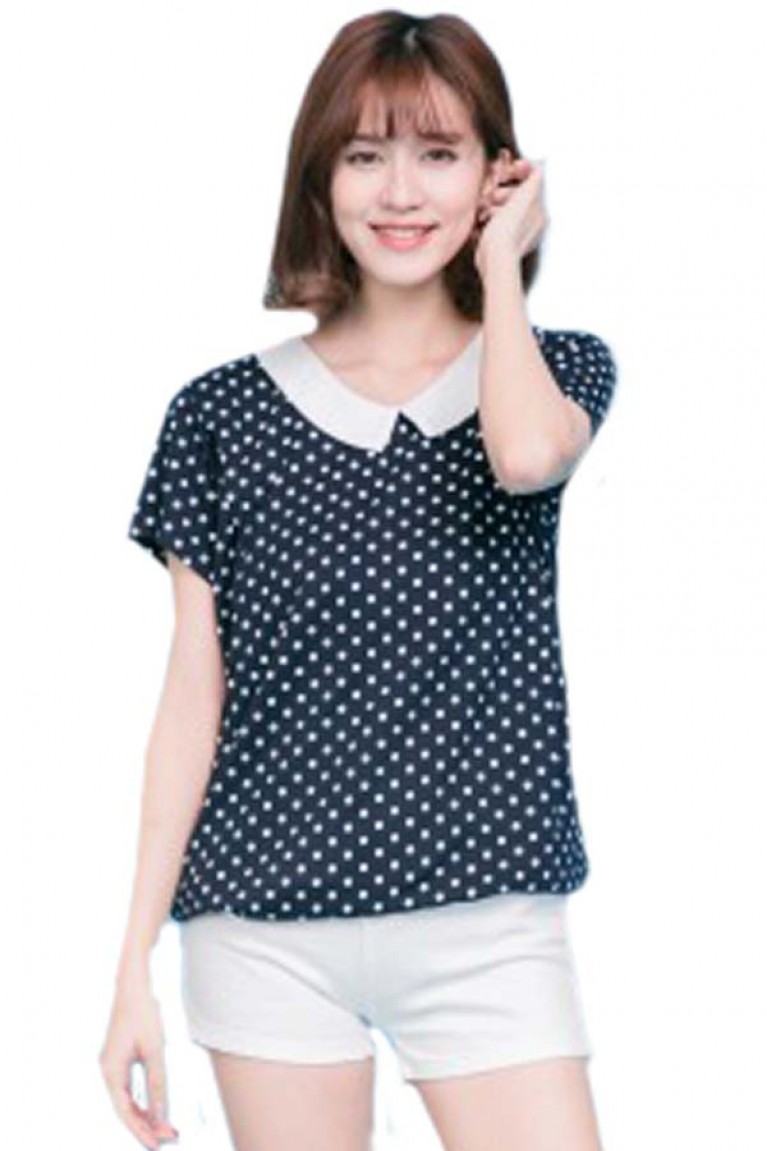 Polka Dot Design Short Sleeves Maternity + Nursing Blouse - Dark Blue