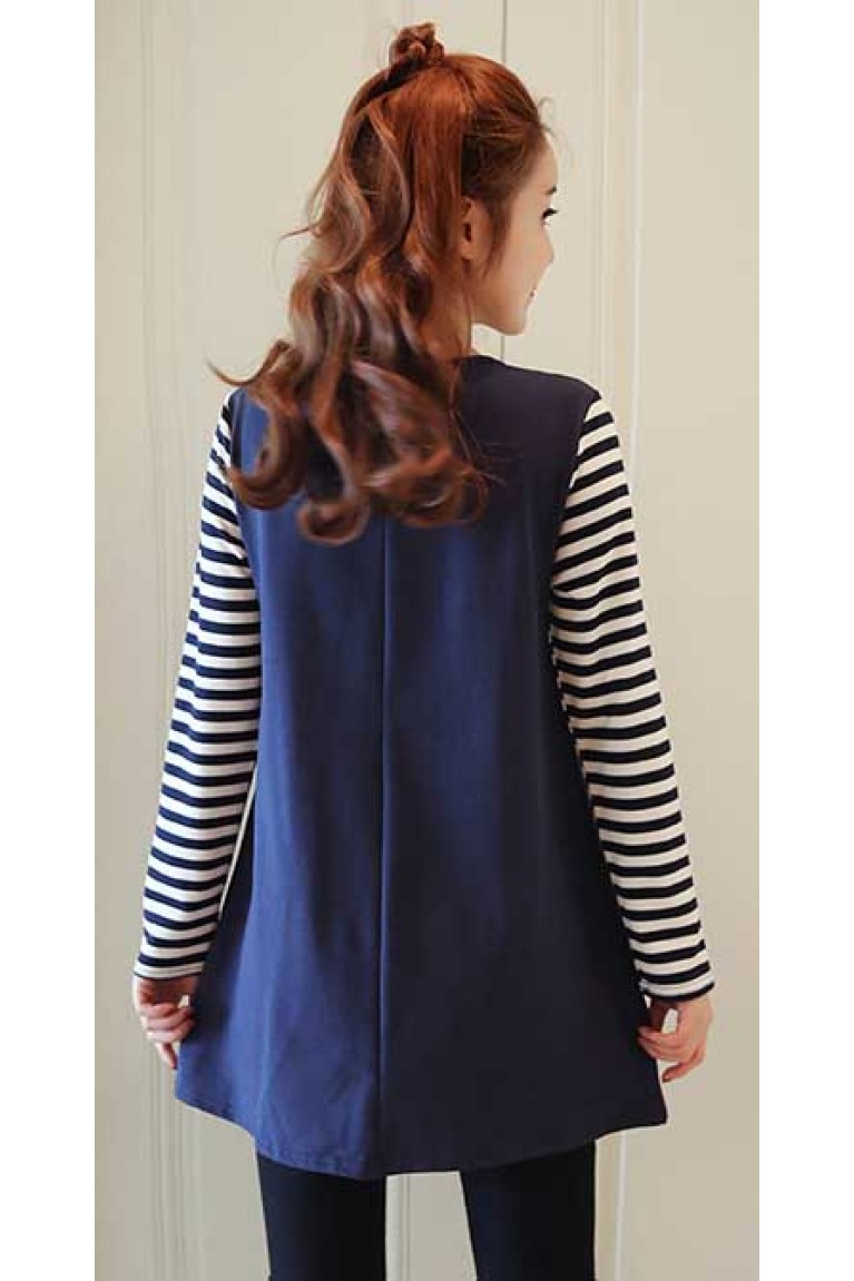 Fake 2pcs Stripes Long Sleeve Maternity + Nursing Blouse - Dark Blue (M,L)