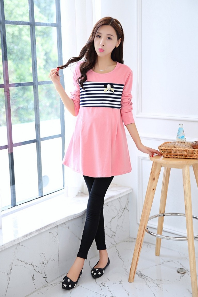Simple Black And White Horizontal Stripe Long Sleeve Maternity + Nursing Top - Pink