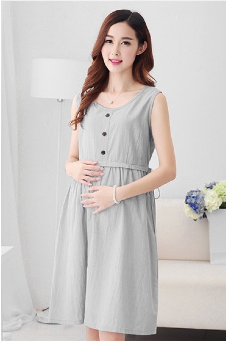 Korean Style Plain Sleveless Maternity And Nursing Dress - Grey