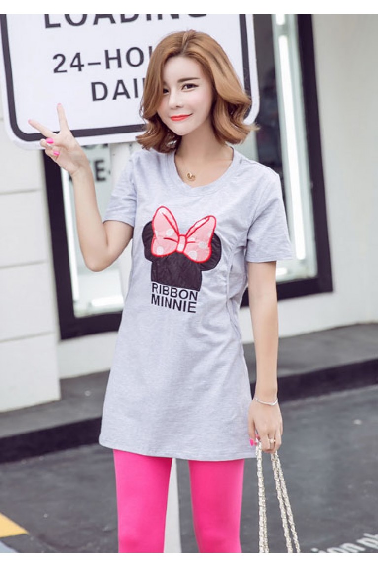 Round Neck Short Sleeved Maternity + Nursing Blouse/ Short Dress with Short Baby Romper Set ( M, L, XL ) - Grey