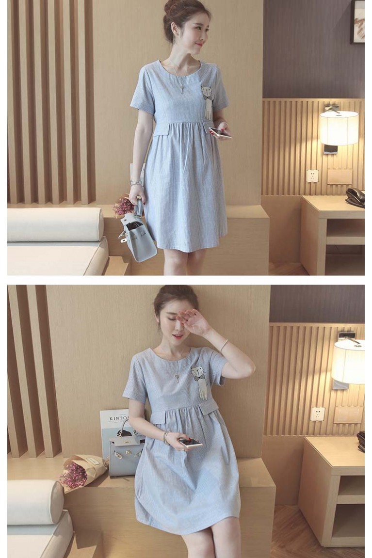 Cute Cat Print Short Sleeved Maternity Dress - Blue ( M, L, XL )