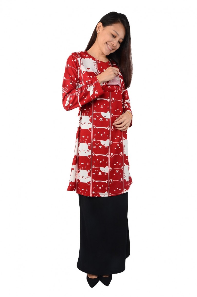 SummerGlitz Nursing Printed Long Sleeve Tunic -  Maroon Kitten