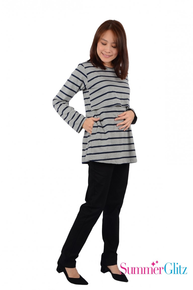 SummerGlitz Basics Cotton Nursing Long Sleeve Tee With Pocket - Raven Black