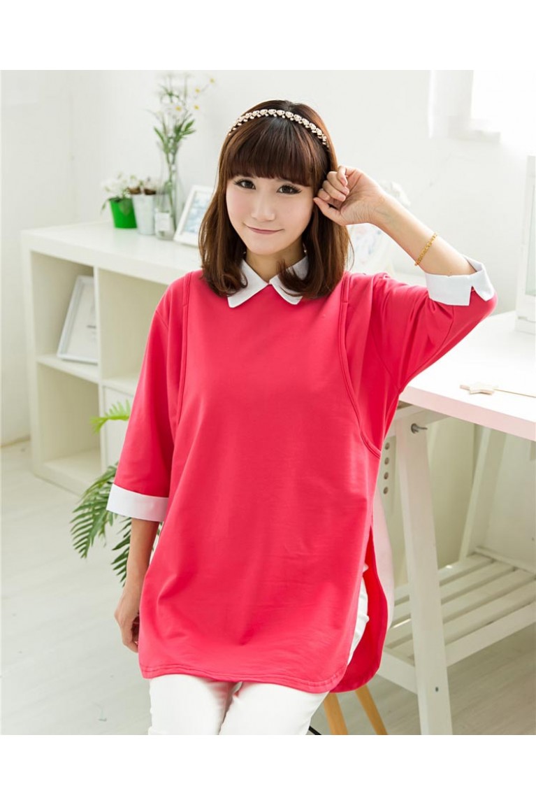 Maternity + Nursing Trendy Collar Half Sleeve Blouse - Red