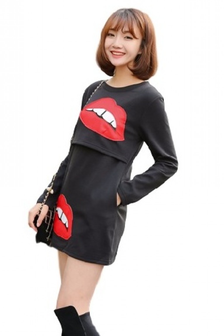 Long Sleeved Lips Print Round Neck Maternity + Nursing Blouse ( M, L, XL ) - Black