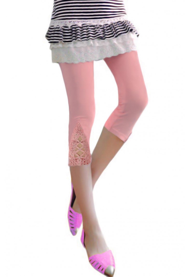 Lace Bottom Capri Legging Pants - Pink