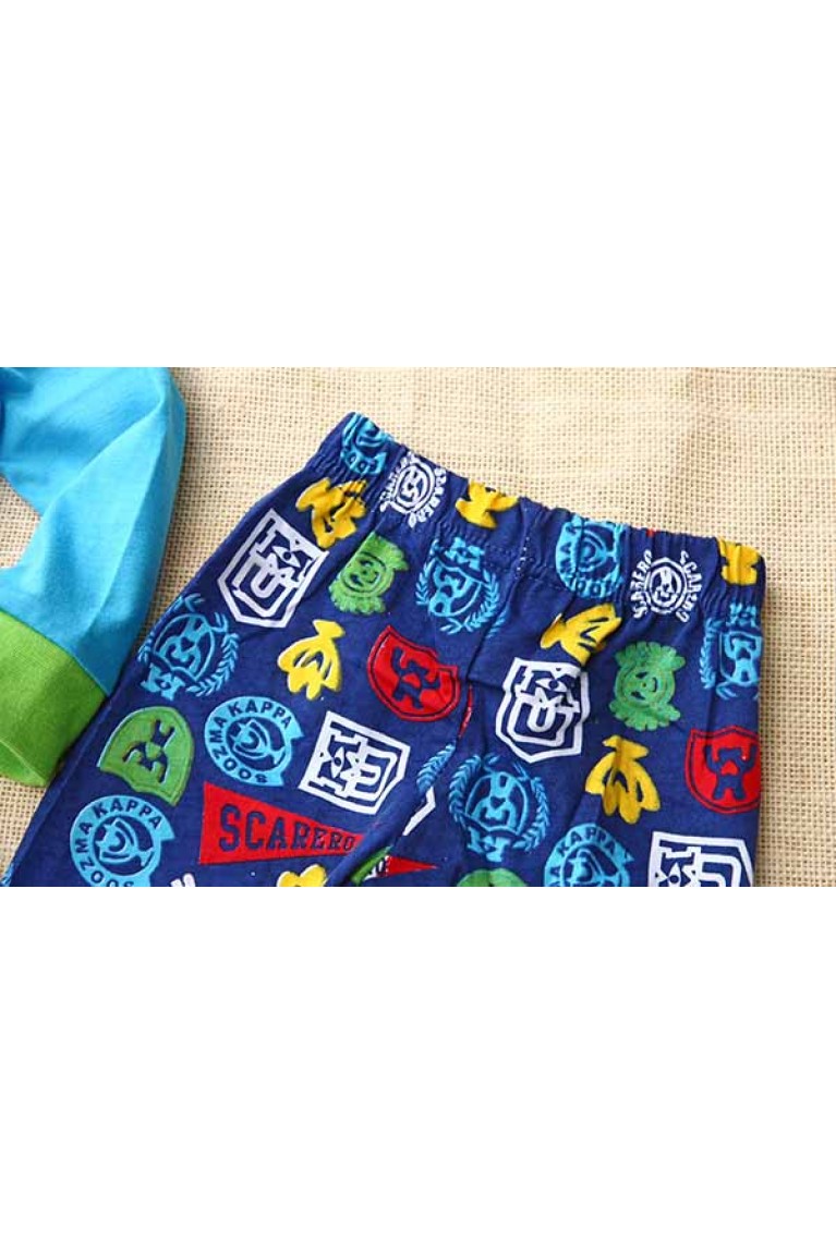 Printed Monster Characters Long Sleeve Top  + Pants (2pcs Set) - White+Blue