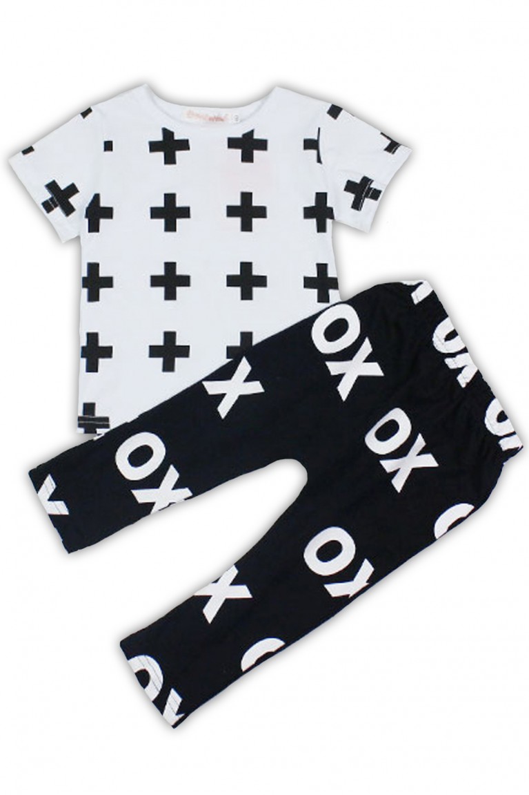 Plus Sign Print Kids Shirt + Pants (2pcs Set) - White+Black