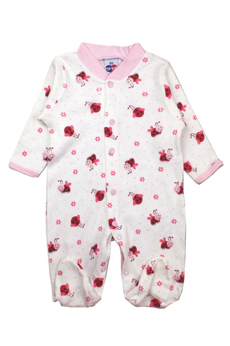 Lady Bug Design Baby Footed Romper-White