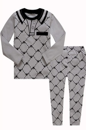 Big Chequered Printed Long Sleeve Top+Long Pants (2pcs Set) -Grey