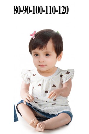 Butterfly With Small Dot Print Kid's Top +Denim Short Skirt (2pcs./pack) - Denim+White