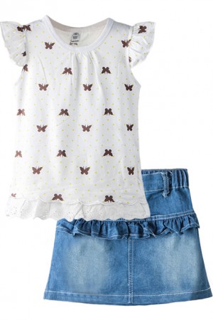 Butterfly With Small Dot Print Kid's Top +Denim Short Skirt (2pcs./pack) - Denim+White