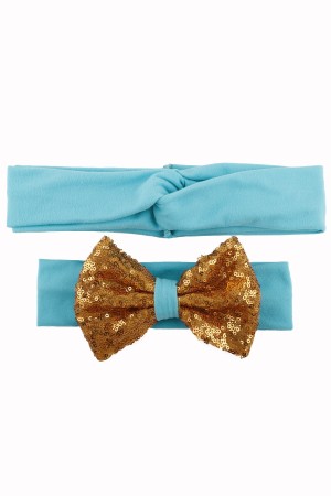 Mummy And Baby Gold Bow Matching Headband Set (2pcs.set) - Blue