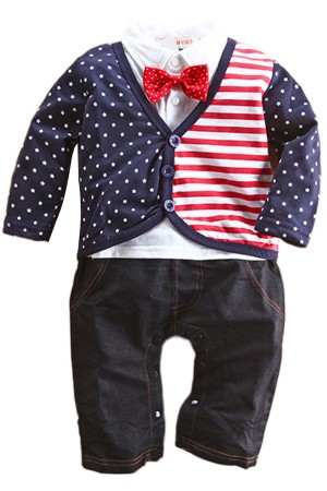 Smart Casual With Bow Baby Romper - Dark Blue 