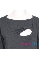 SummerGlitz Basics Premium Cotton Neckline Nursing Long Sleeve Tee With Pocket - Cloudy Grey
