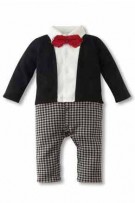 Red Bowtie Checker Pants Gentleman Style Suit Romper - White + Black