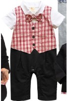 Formal Suit Bow Style With Red Checker Design Baby Romper(2pcs Set)-Red