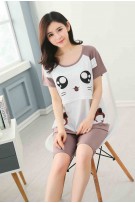 Cute Cat Print Short Sleeve Maternity + Nursing Confinement Set / Sleep Wear ( M, L) - White 