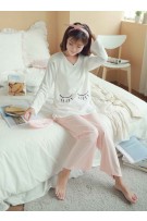 Eyelashes Design Long Sleeve Maternity + Nursing Confinement Set / Sleep Wear ( M ) - White + Pink