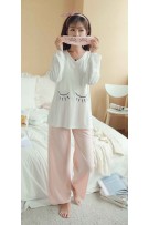 Eyelashes Design Long Sleeve Maternity + Nursing Confinement Set / Sleep Wear ( M ) - White + Pink