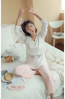 Eyelashes Design Long Sleeve Maternity + Nursing Confinement Set / Sleep Wear ( M ) - White + Pink