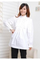 SGM8430 : Front Lace with Frill Stand Collar Long Sleeve Maternity Blouse - White