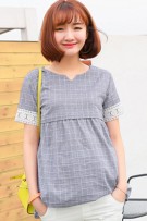 Maternity Grid Print Lace Short Sleeve Blouse