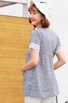 Maternity Grid Print Lace Short Sleeve Blouse