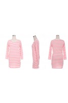 Stripe Long Sleeves Maternity + Nursing Dress with Baby Long Sleeves Romper Set - Pink