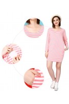 Stripe Long Sleeves Maternity + Nursing Dress with Baby Long Sleeves Romper Set - Pink